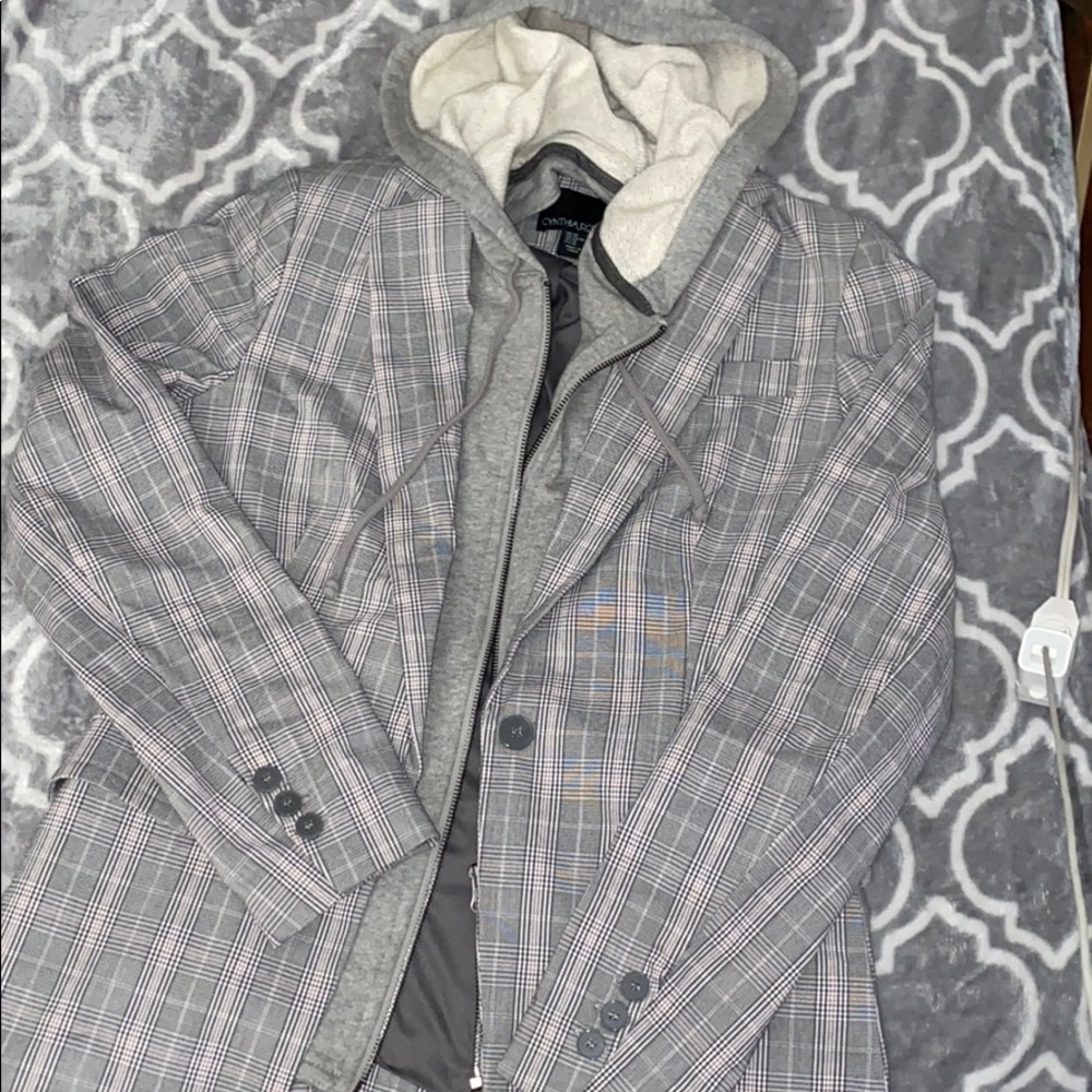 Cynthia Rowley gray plaid hooded blazer